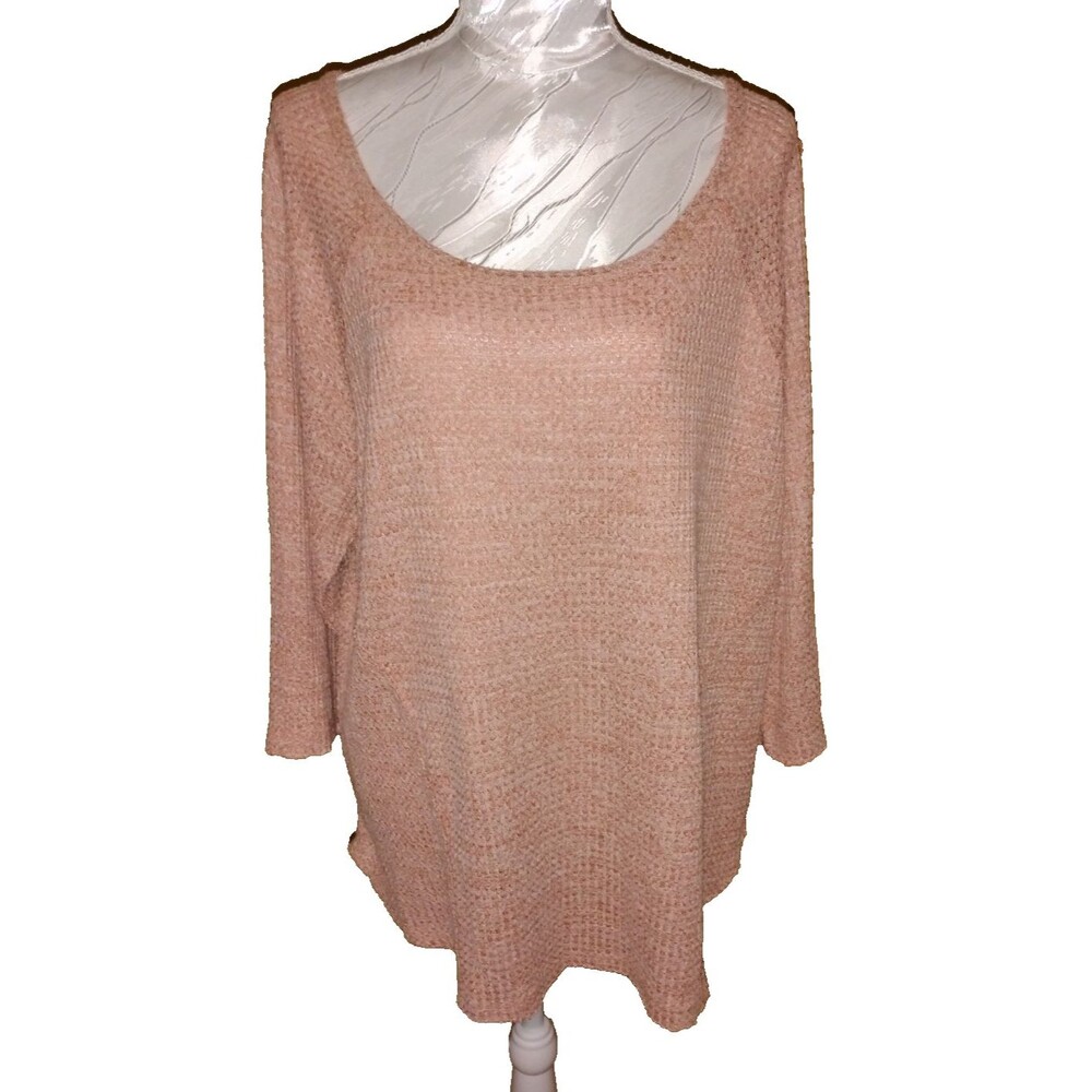 Womens Peach Pink Open Knit Crochet Sleeve Sweater Top 2X Long Sleeve Boho Fairy